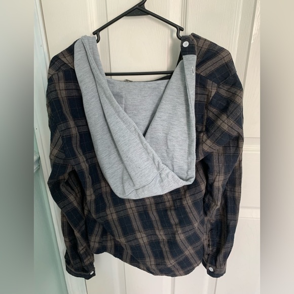 Plaid Button Front Pocket Drawstring Hooded Shirt - Picture 2 of 3